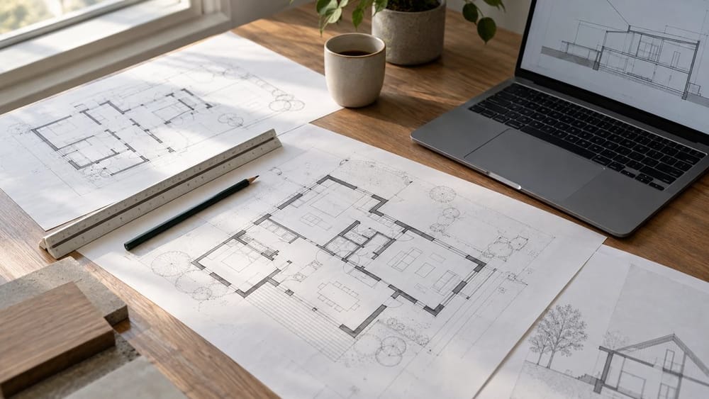 Bureau met uitgerolde bouwplannen, schaallat en een laptop met een doorsnedetekening
