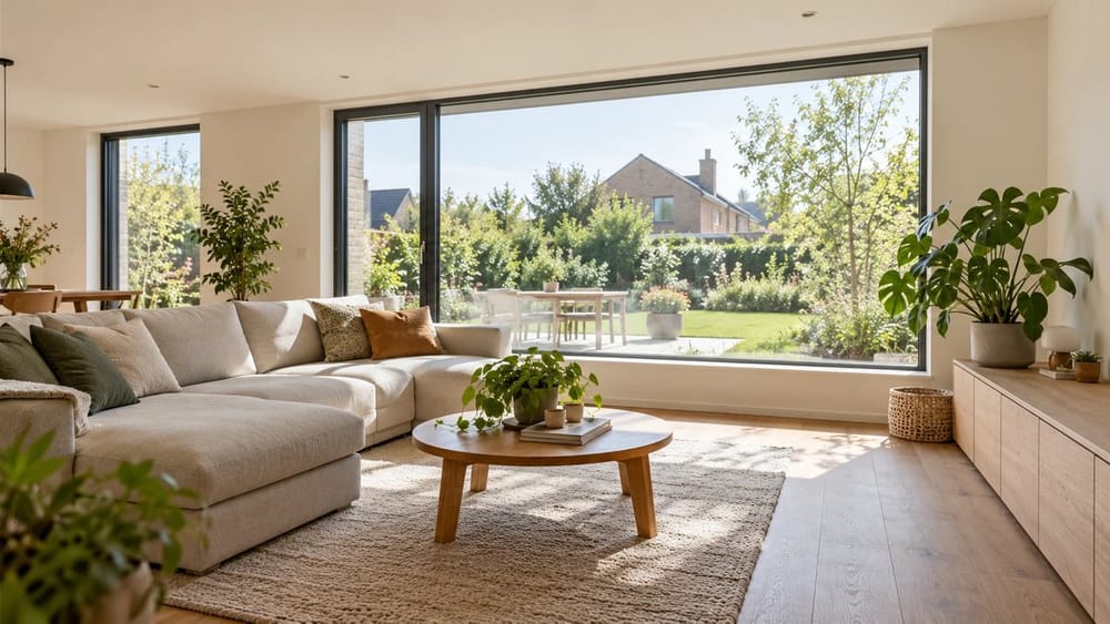 Lichte leefruimte van een afgewerkte nieuwbouwwoning met een groot raam naar de tuin