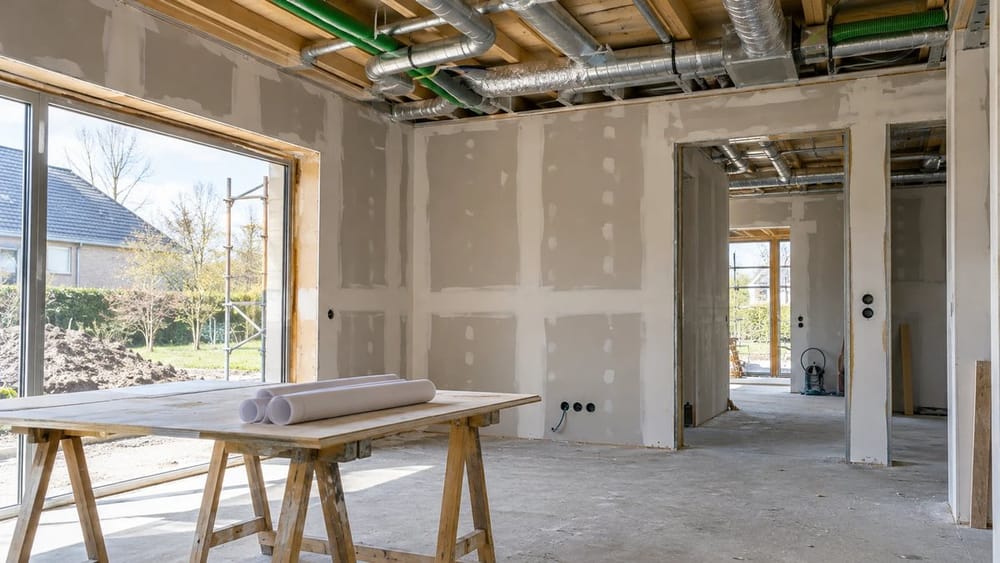 Woning in afwerkingsfase met zichtbare ventilatiekanalen in het plafond en bouwplannen op een schraagtafel