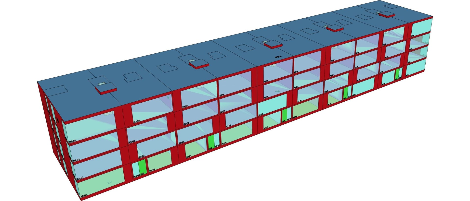 Volumemodel in 3D van veertig appartementen in Temse, met elke eenheid apart ingekleurd